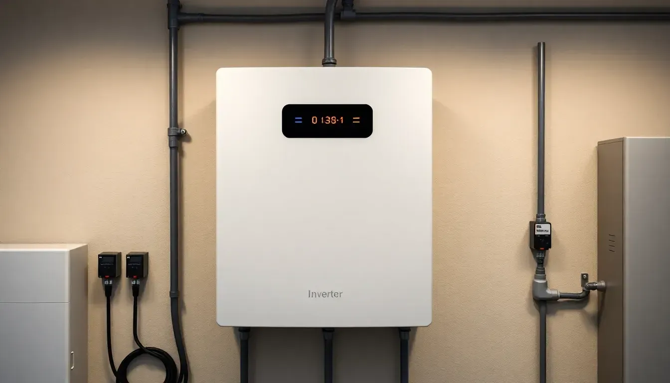 Close-up of a home battery storage unit mounted on a garage wall, wired to a solar inverter