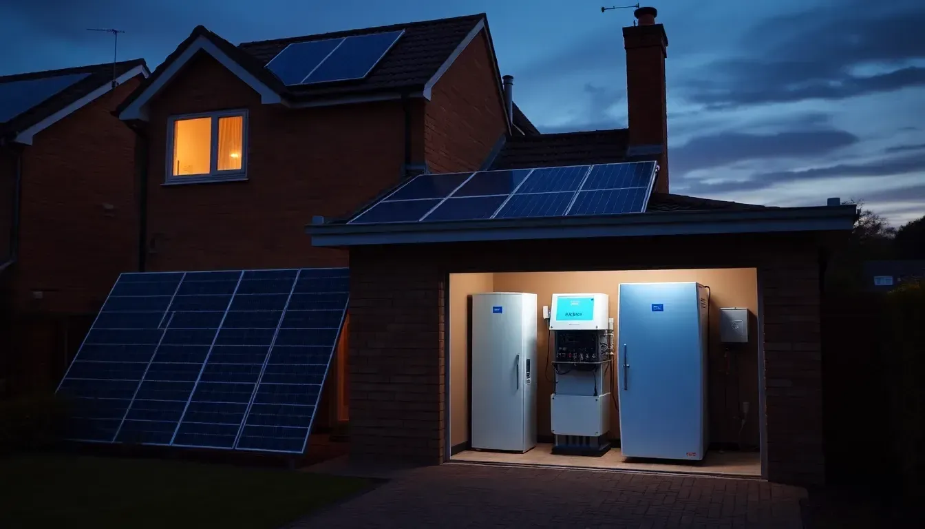 UK home with solar panels and a battery storage system providing energy independence at dusk