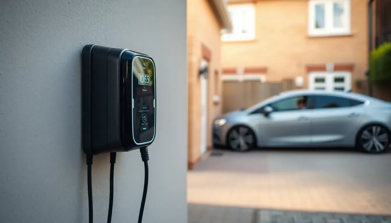 EV charger installed on the wall of a UK home, electric car charging on the driveway
