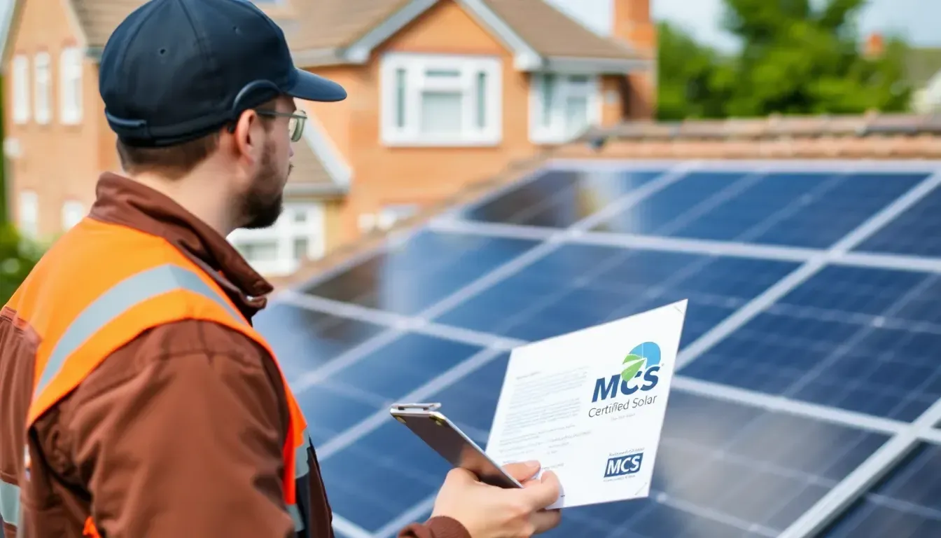MCS-certified solar installer inspecting a rooftop solar panel array on a UK home