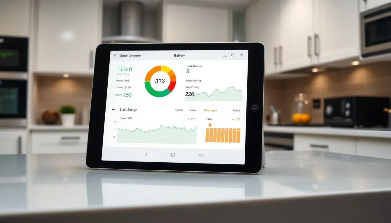 Smart energy monitoring app on a tablet showing home solar and battery usage in a UK kitchen